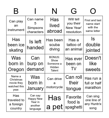 New Year's Bingo Find Someone Who... Bingo Card