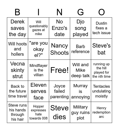 Stranger Things Bingo Card