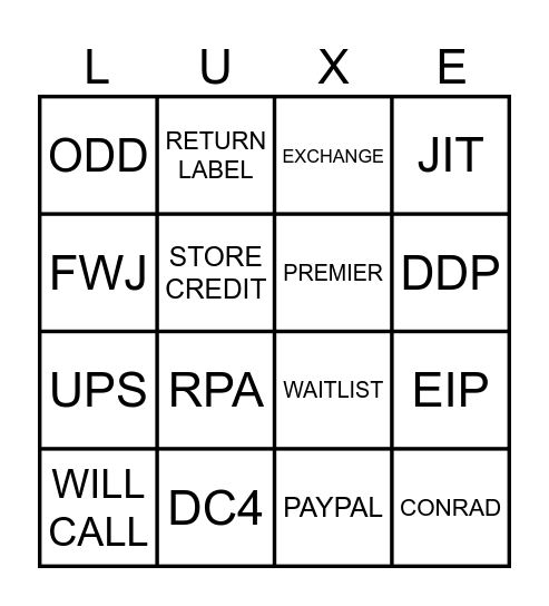 Project LuxE Bingo Card