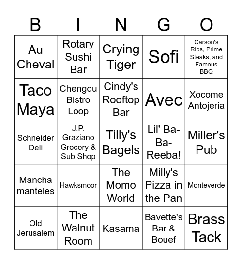 Chicago Food Bingo 2026 Bingo Card