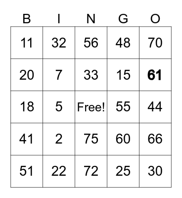 NUMBER BINGO Card