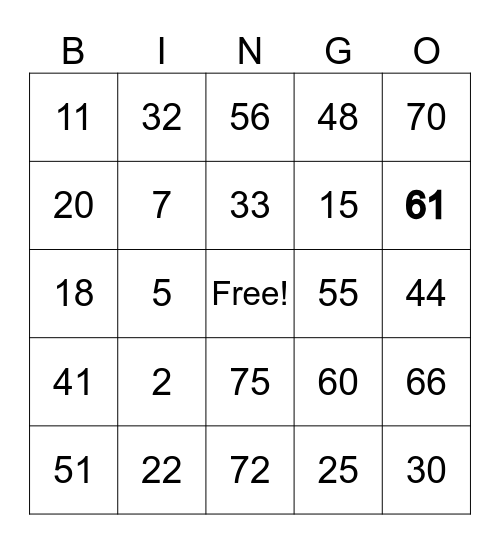 NUMBER BINGO Card