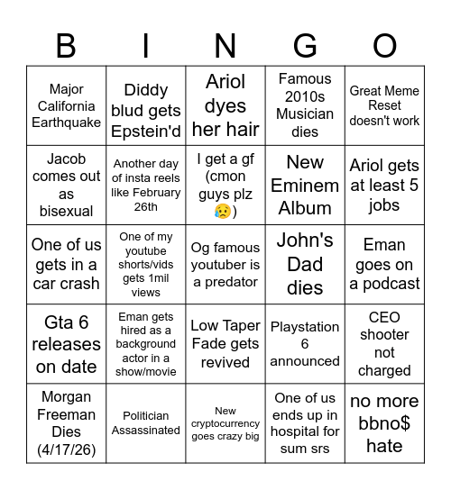 2026 BINGO (Adrian) Bingo Card
