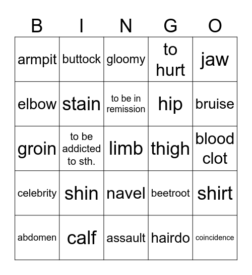 Medical vocabulary Bingo Card