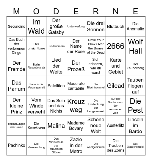 Moderne Literatur Bingo Card
