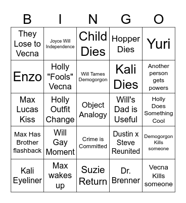 Stranger Things Bingo Card