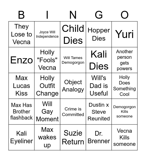 Stranger Things Bingo Card