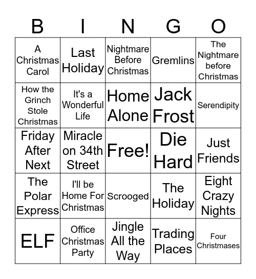 Holiday Movie BINGO Card