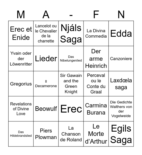Mittelalterliche Literatur 2026 Bingo Card