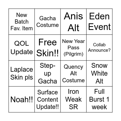 New Year Livestream Bingo Card