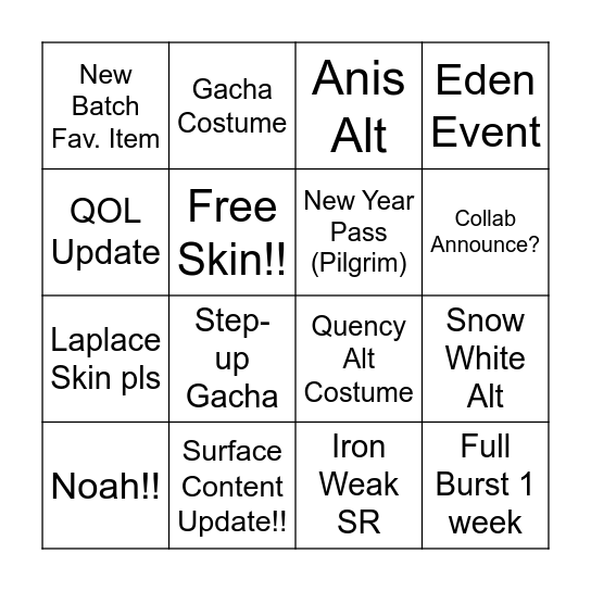 New Year Livestream Bingo Card