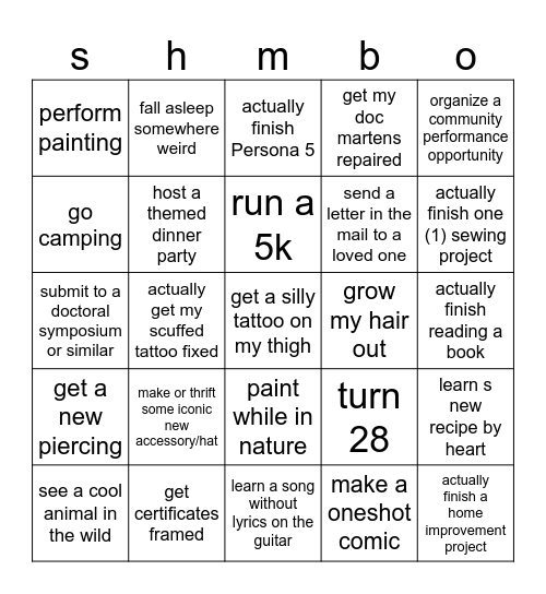 shmbo sidequests 2026 Bingo Card
