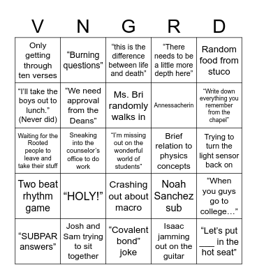 vanguard Bingo Card