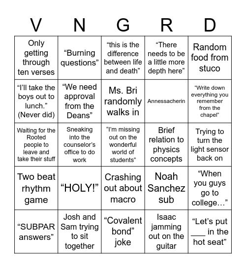 vanguard Bingo Card