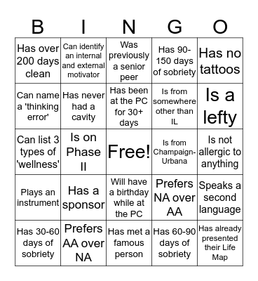 Recovery Bingo Card