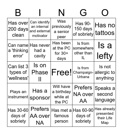 Recovery Bingo Card