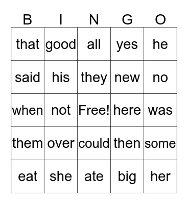 Green/Yellow Sight Words Bingo Card