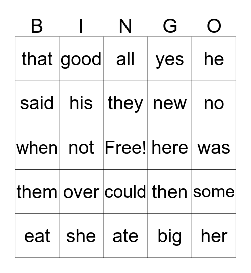 Green/Yellow Sight Words Bingo Card