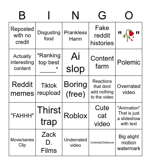 Youtube shorts Bingo Card