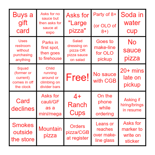 Customer Bingo Card