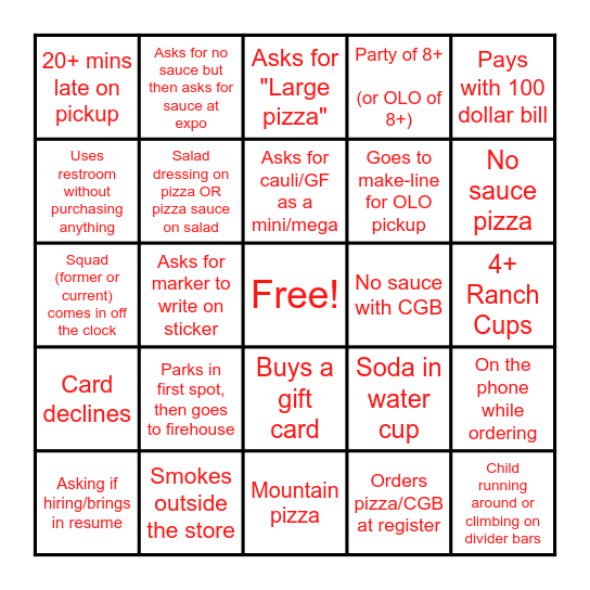 Customer Bingo Card
