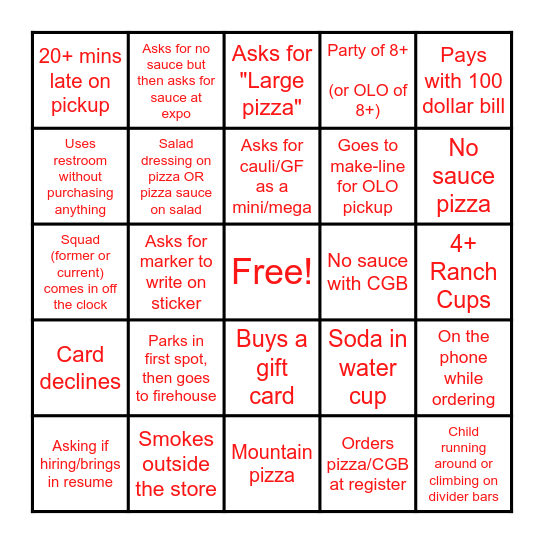 Customer Bingo Card