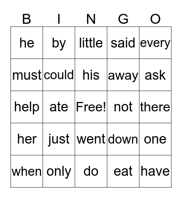 Blue/Green Sight Words Bingo Card