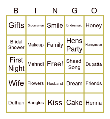 Samira's Bridal Shower Bingo Card