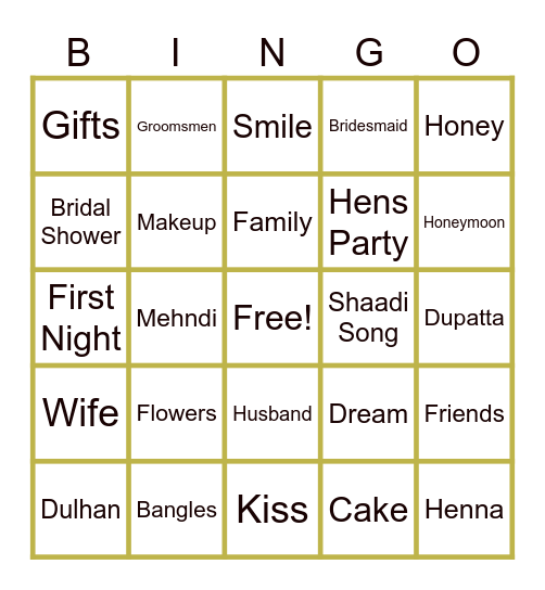 Samira's Bridal Shower Bingo Card