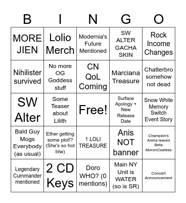 NIKKE 2025 New Year Livestream Bingo Card