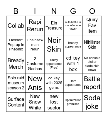 Nikke New year 2025 Bingo Card