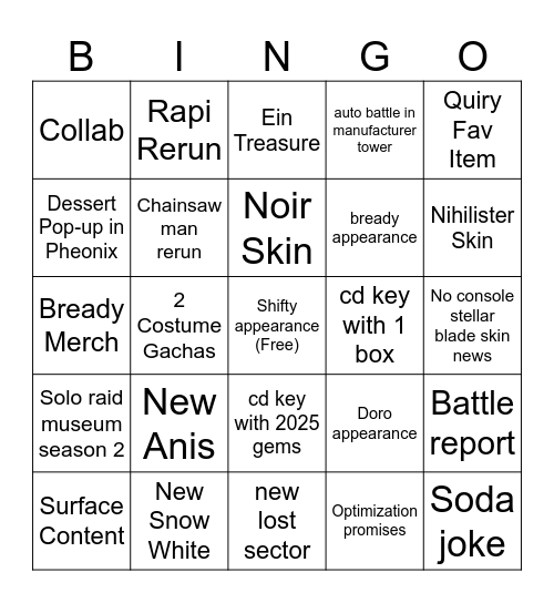 Nikke New year 2025 Bingo Card