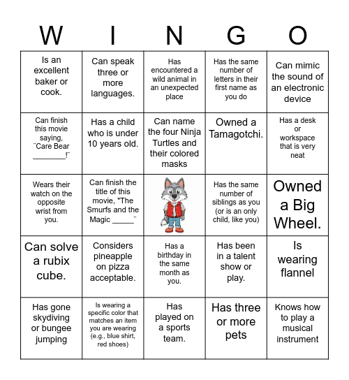 Williams Wolfpack Bingo Card