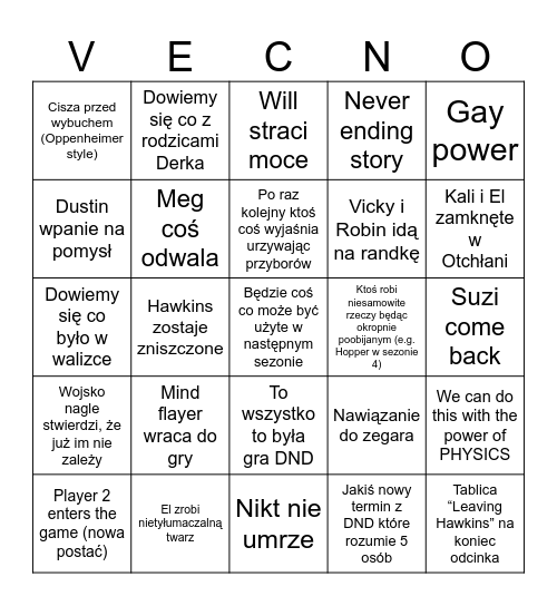 Finał Stranger Things Bingo Card