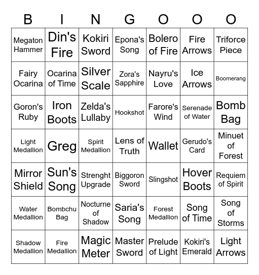 2025 Zelda Bingo Card