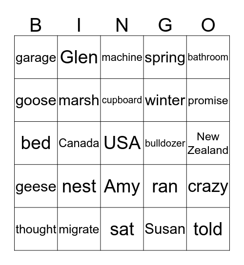 Fly Away Home Bingo Card