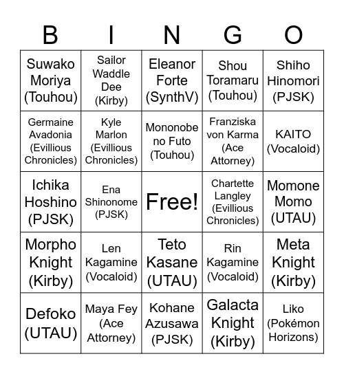 ransewarrior fav chars bingo Card