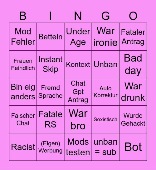 Unban Bingo Card