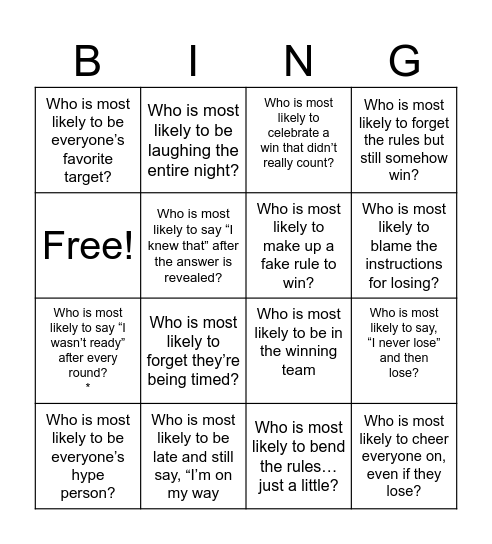 NYE Game Night Bingo Card