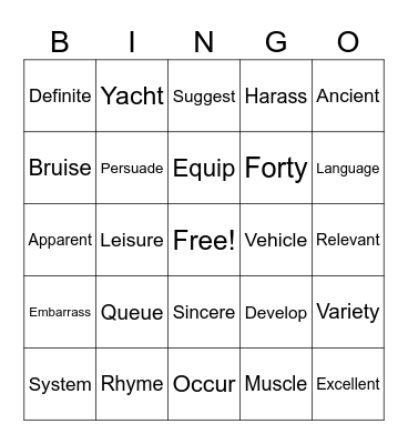 Year 6 recap spellings Bingo Card