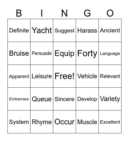 Year 6 recap spellings Bingo Card