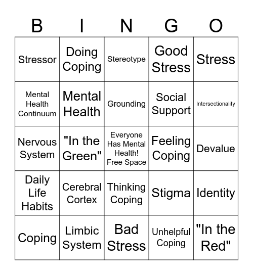 Mental Health Bingo Card