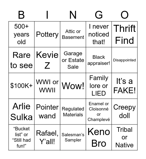 Antiques Roadshow v3 Bingo Card