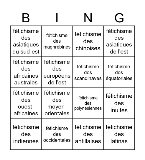 FETICHISME Bingo Card