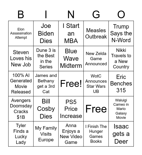 2025 Bingo Card Bingo Card