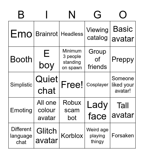 Catalog Avatar Creator Bingo Card