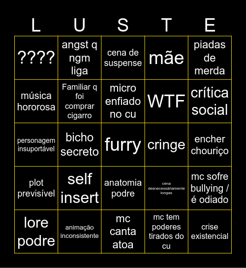 animação cocó do Luster flix Bingo Card