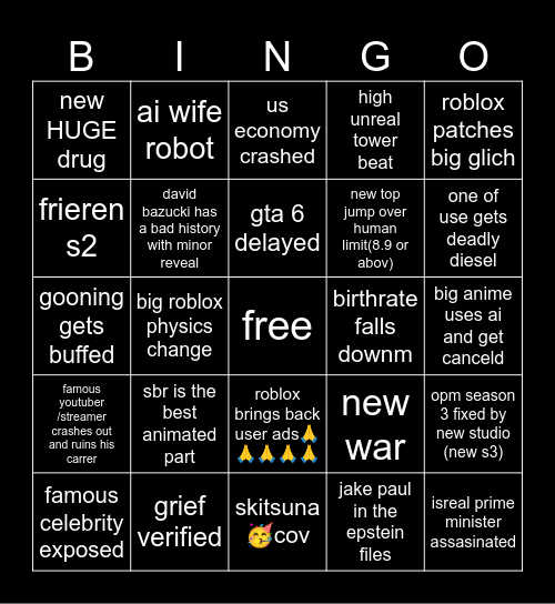2026 BINGO CARD (made by super cool gamer boys) Bingo Card