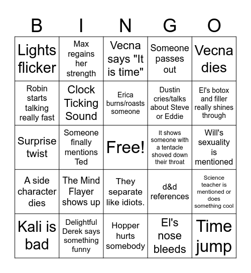 Stranger Things Bingo Card