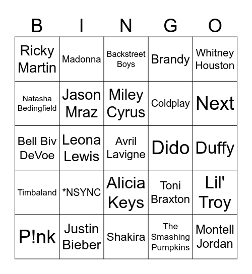 Game #2: 90s/2000s Hits Bingo Card